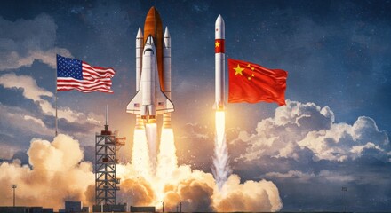 Obraz premium Space Race: Dual Launch, American & Chinese Rockets Ascending