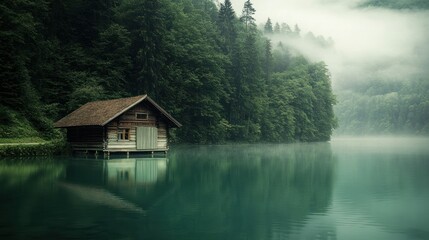 Fototapeta premium A wooden lakeside cabin nestled among verdant trees and fog