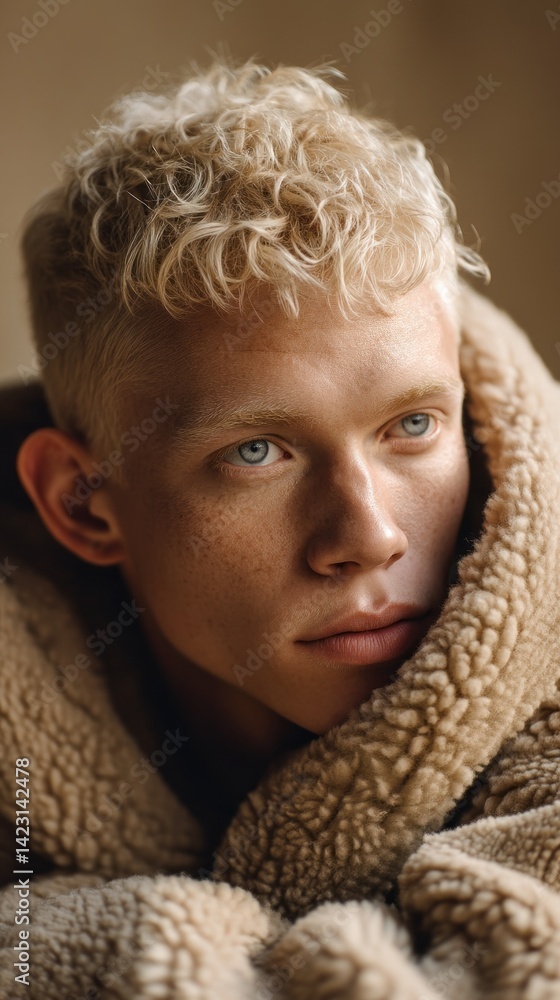 Poster in a softly lit room, a young man with light curls gazes thoughtfully, wrapped in a plush blanket, c