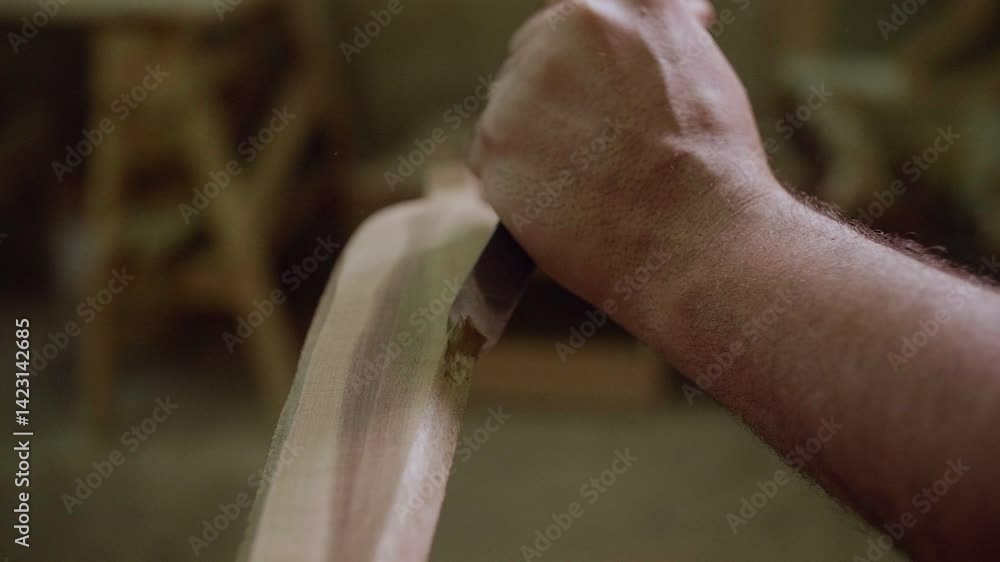 Poster a close-up of a hand carving a piece of wood with a chisel, showing precision and craftsmanship, wit