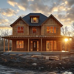Under-construction home at sunset