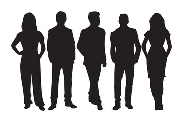 Vector detailed silhouettes set of standing people male and female full body front view with body gesture isolated on white background.