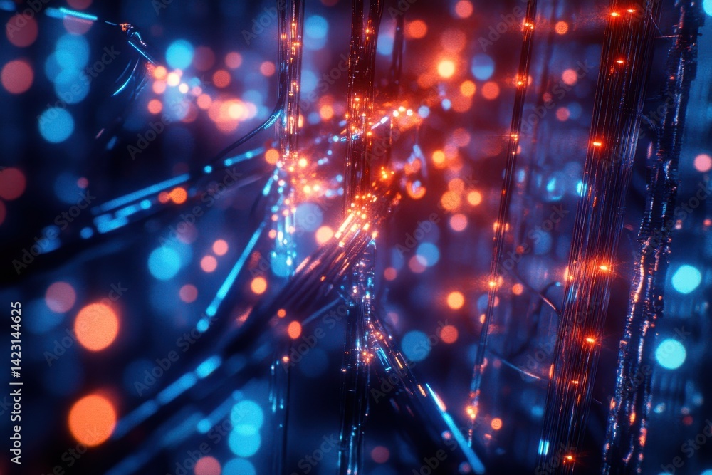 Poster abstract background with blurred lights in shades of blue orange and purple creating a bokeh effect