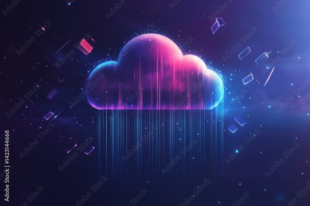 Aufkleber abstract digital cloud computing network data stream pink blue neon glow cyber server future global