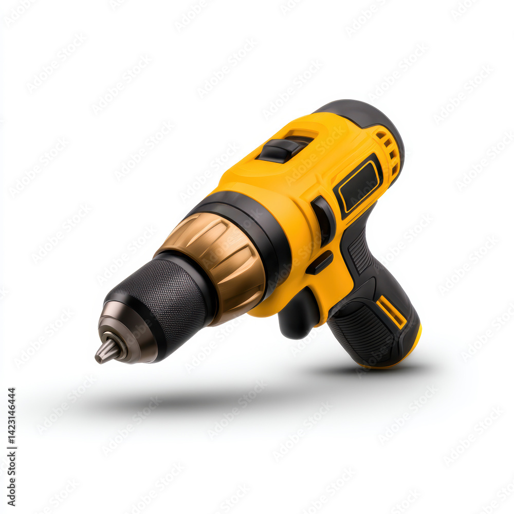 Poster a yellow and black cordless drill designed for various drilling tasks, featuring a textured grip for