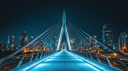Obraz premium A modern cable stayed bridge spans across a city at night