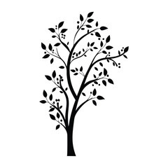 Simple silhouette of a tree with leaves and berries in black and white suitable for decorative design and nature themes