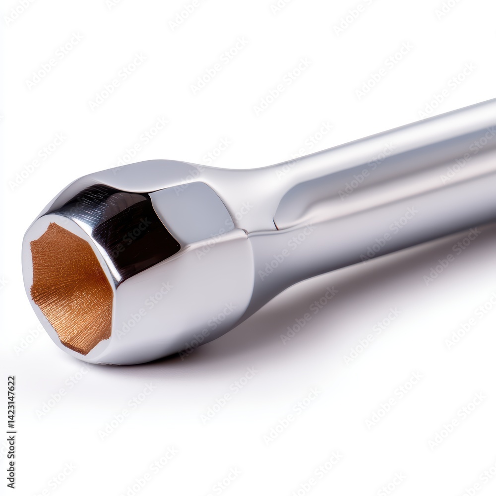 Poster a shiny, chrome-plated socket wrench with a hexagonal opening, designed for tightening and loosening