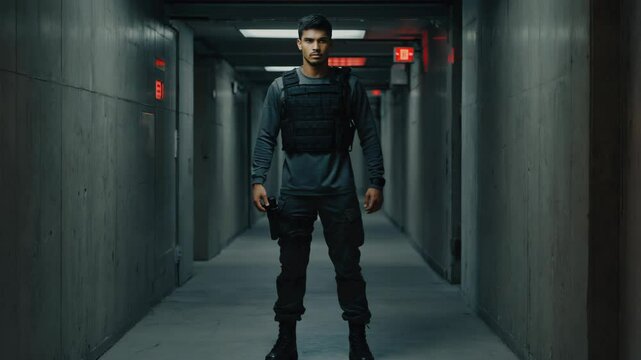 Armed security personnel stands guard in dimly lit subterranean passage wearing tactical vest and holster with handgun looking vigilant.