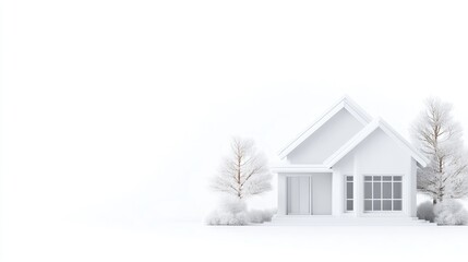White House with Trees Minimalist Style, High-Quality Render, Wide Landscape View, Clean Lines Design, Winter Scene Concept, Snow-Covered Ground, Pure White Palette, Ideal for Real Estate Ads