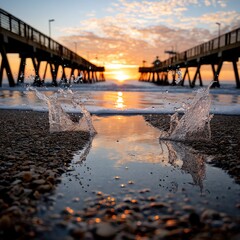 Fototapeta premium Coastal Dawn Splash: A Moment Frozen in Time at the Beach Pier During Golden Hour
