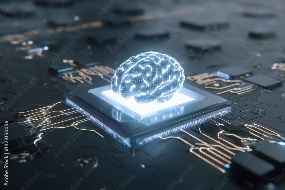 Poster a futuristic representation of a brain integrated into a circuit board, symbolizing artificial intel