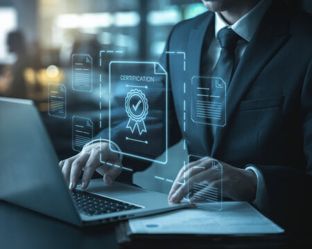 Businessman using futuristic holographic certification system - Powered by Adobe
