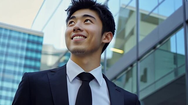 Young Asian businessman smiles confidently while walking in a modern urban area during the day showcasing professionalism and optimism