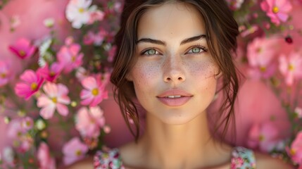 Fototapeta premium Woman with Medium Dark Brown Hair in Floral Summer Dress on Pastel Pink Background
