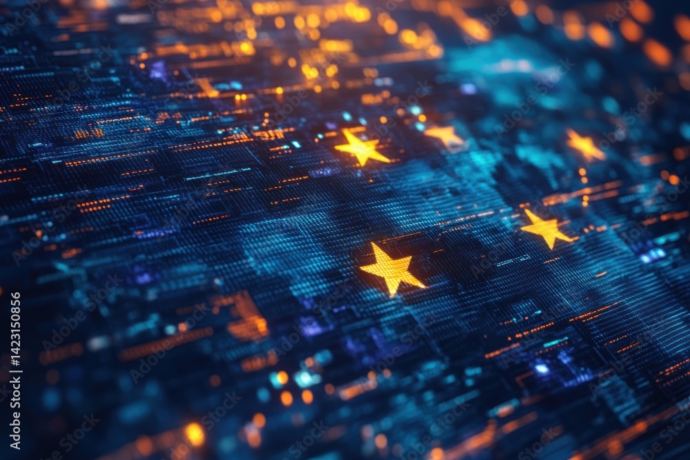 Aufkleber abstract digital stars network blue orange technology background web data code glow cyber space