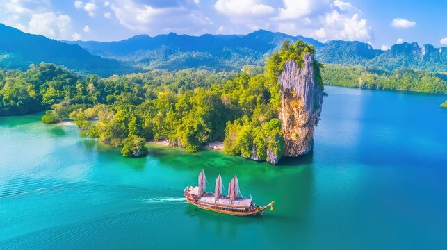Barco tradicional tailand flotando frente a una isla montaosa en Phuket, entorno natural y espritu aventurero