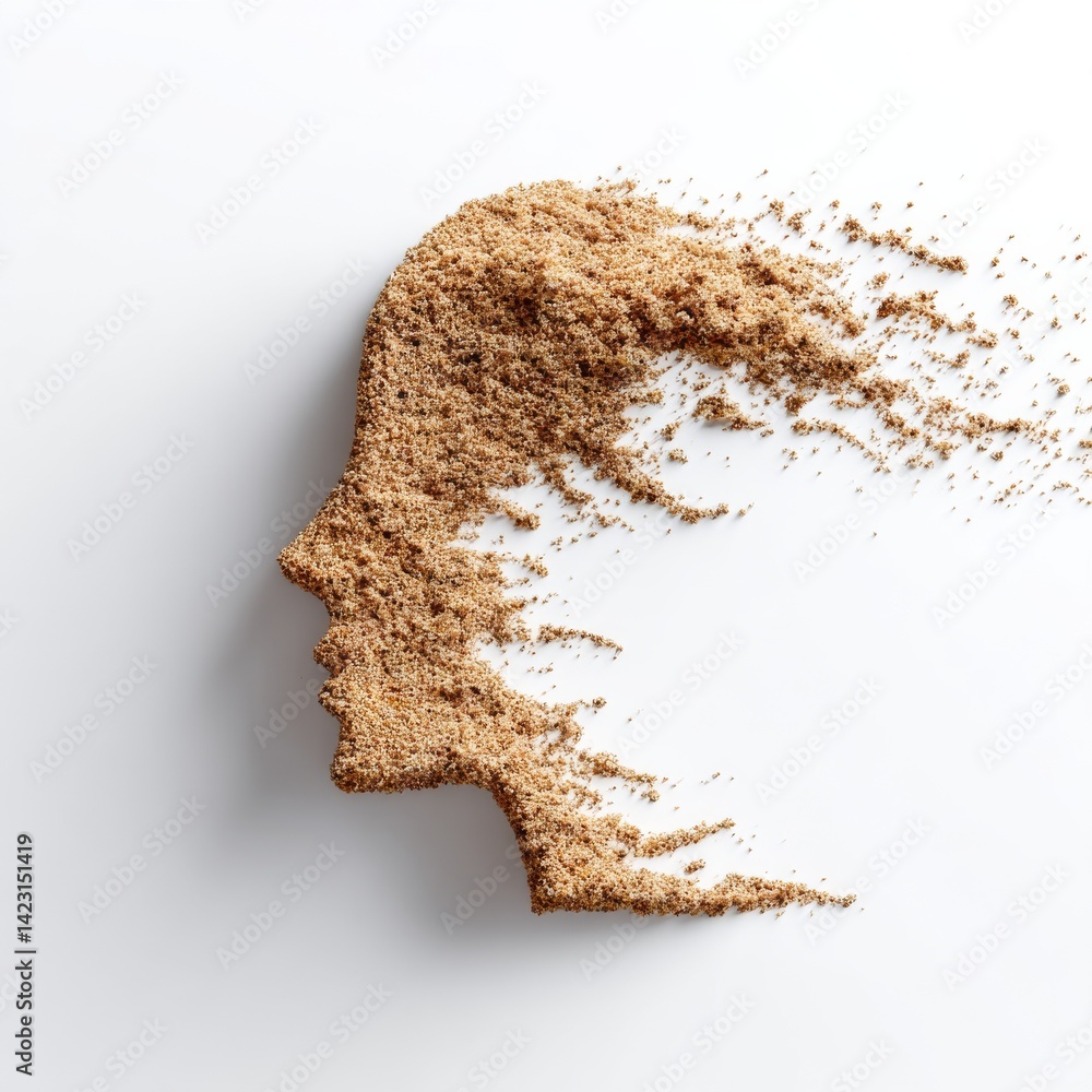 Aufkleber eroding mind: a profile of a head made of fine particles that is gradually breaking apart against a 