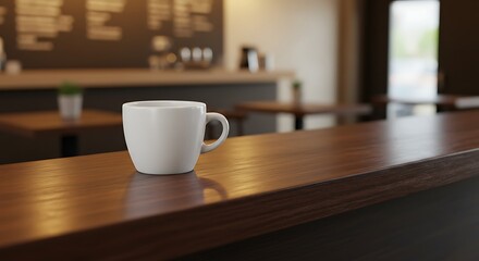 Fototapeta premium Coffee Cup on Wooden Counter in Cafe Interior