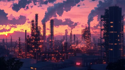 Fototapeta premium Near the energy power station and power plant, the petrochemical industry glows during the twilight and sunset.