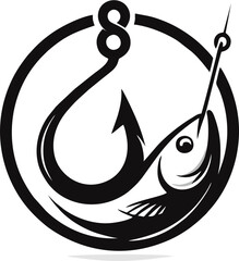 Naklejka premium Monochrome Fishing hook and fish Logo – Ideal for Outdoor Lifestyle Brands