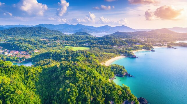 Vista rea de islas tropicales de Phuket rodeadas por el ocano, montaas cubiertas de selva y aventura sin fin