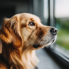 Golden Retriever Gazing Through the Window, Lost in Thought and Captivated by the View