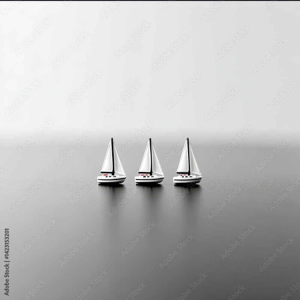Poster Minimalist Still Life with Three Toy Sailboats on a Gray Background, a Study in Simplicity and Serenity