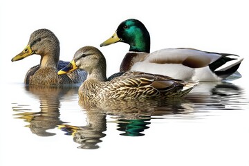 Obraz premium Three Mallard Ducks Swimming in Water, Bird Photography, Nature Wildlife, Clear Reflection on White Background