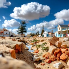 Sandy Riverbed in a Distant Village: A Low-Angle Perspective on a Sunny Day with Houses and Clouds