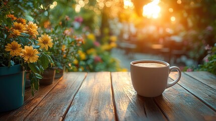 Coffee cup on a wooden table, radiating warmth and simplicity, evoking a sense of calm and morning serenity.