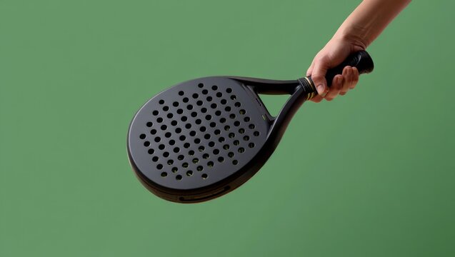 Padel racket and ball in hand on green background for sports design concept. . Mockup