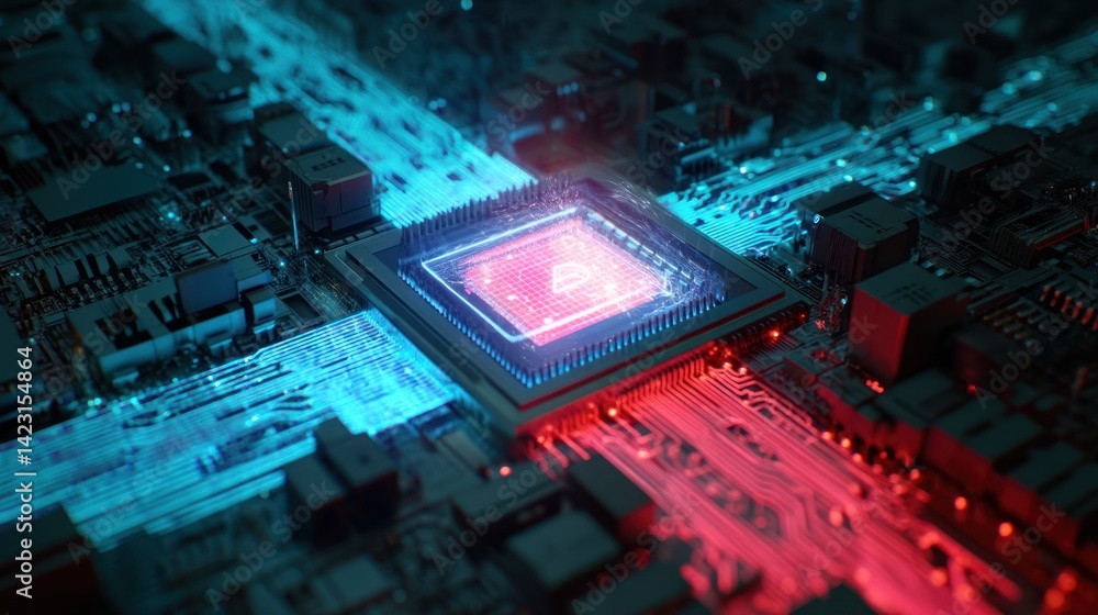 Poster a high-tech digital circuit board with glowing blue and red lights, symbolizing advanced computing t