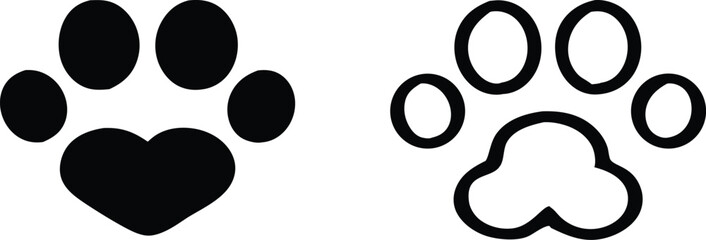 Set of stylized dog paw prints in black and white outline and solid form arranged on a pure white background showing different design options