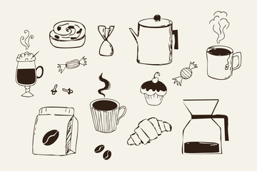 Breakfast tea and coffee sketch retro hand drawn cafe menu elements. Vintage dessert whimsical doodle drawing, Croissant and morning coffee mug, cappuccino beverage.