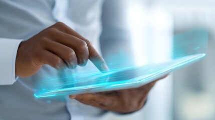 A person interacts with a transparent digital device, showcasing innovative technology and modern communication methods.