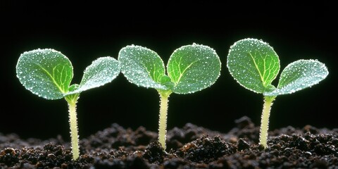 Three Dew Covered Seedlings Growing In Soil