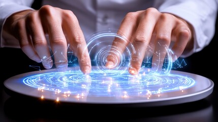 Hands Interacting With Futuristic Holographic Tablet Interface