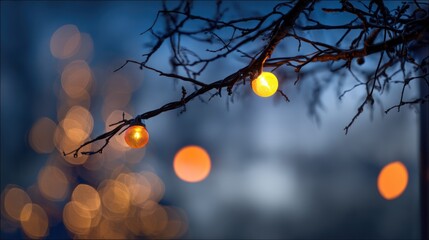 A serene evening scene featuring warm glowing lights hanging from branches against a blurred background of soft bokeh.