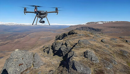 A drone capturing breathtaking aerial views of rugged mountains and valleys in Iceland