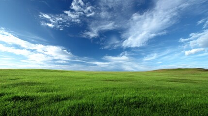 Obraz premium A serene landscape featuring lush green grass under a bright blue sky with fluffy white clouds. Perfect for nature lovers.