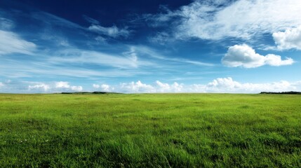 Fototapeta premium A serene landscape showcasing vast green fields under a clear blue sky with fluffy clouds, perfect for nature enthusiasts.
