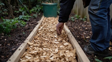 Fototapeta premium Mulch spreading from side vent onto prepared garden bed