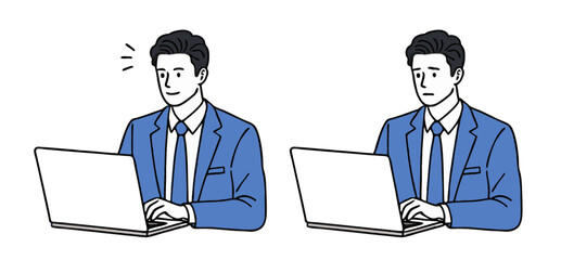 ノートパソコンで仕事をするスーツの会社員のイラスト素材セット