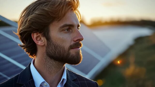 Young man in a suit stands confidently in a field looking at solar panels while enjoying a beautiful sunset