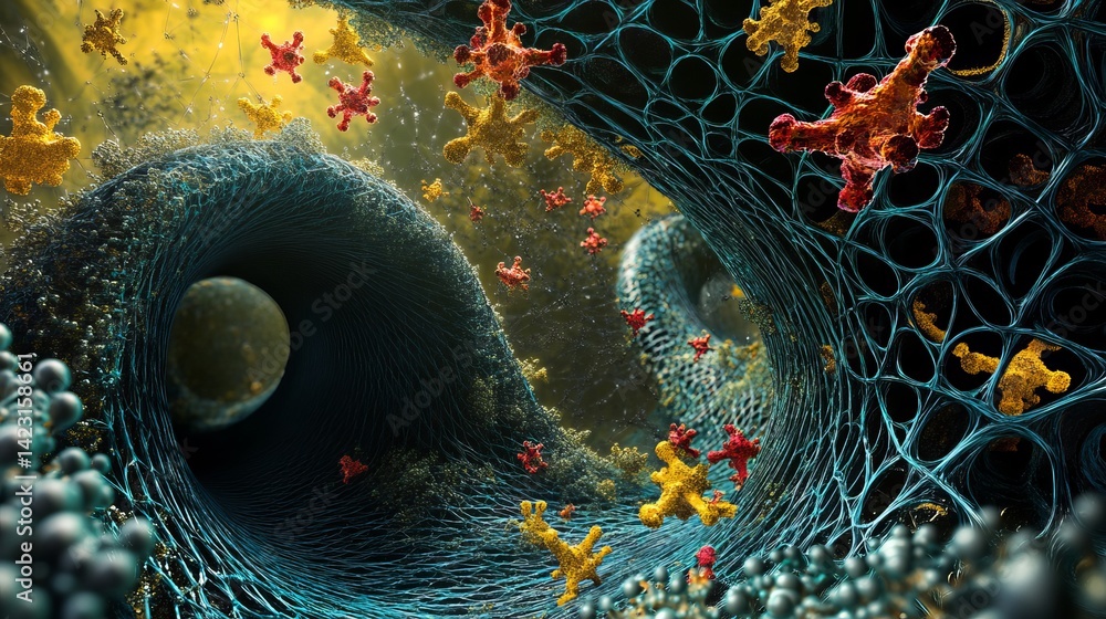 Poster abstract cellular structure microscopic view detailed illustration of intricate network and colorful