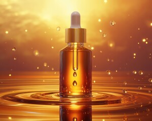 Naklejka premium Amber essential oil bottle golden liquid background
