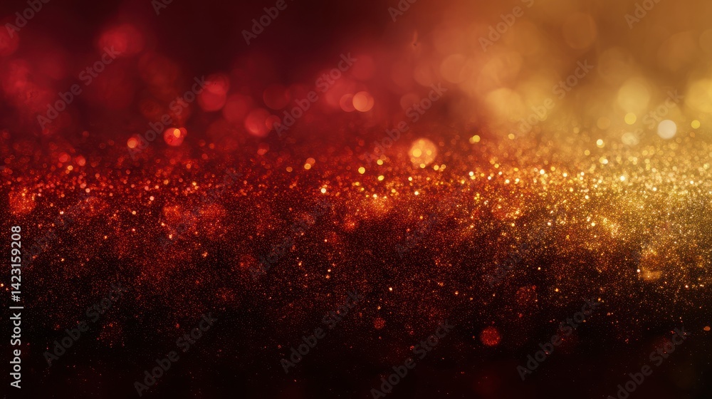 Poster a stunning close-up of shimmering sparkles with warm hues of red and gold, perfect for adding a touc