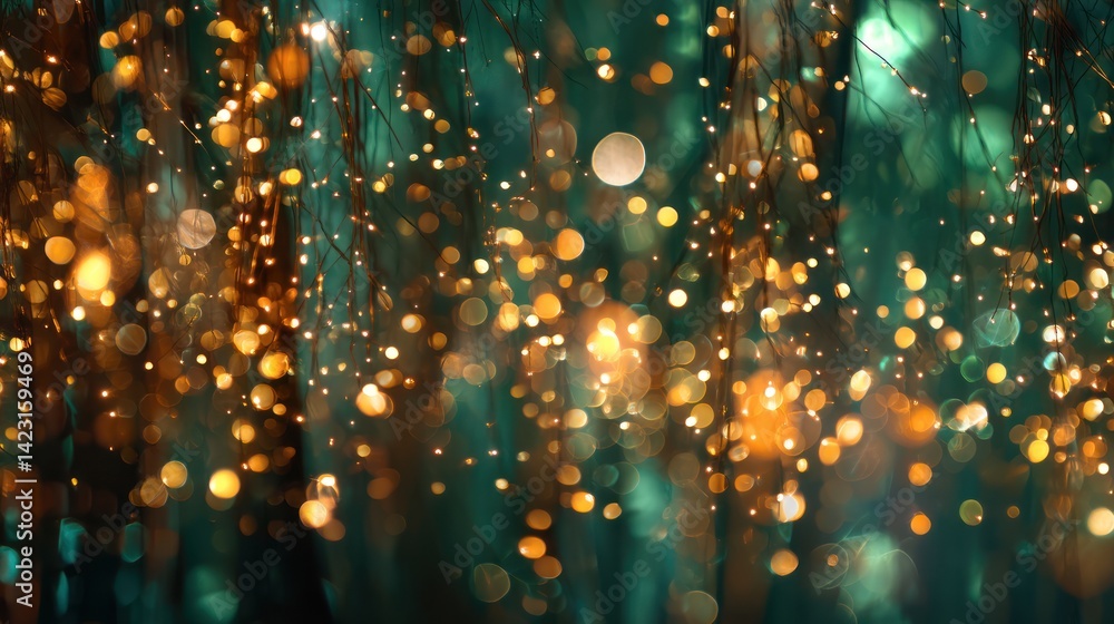 Poster a stunning visual of shimmering golden and teal bokeh lights creating an enchanting and dreamy atmos