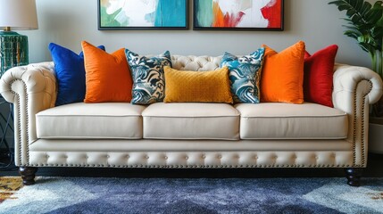 Sophisticated living room with beige sofa, colorful pillows, and modern minimalistic design style